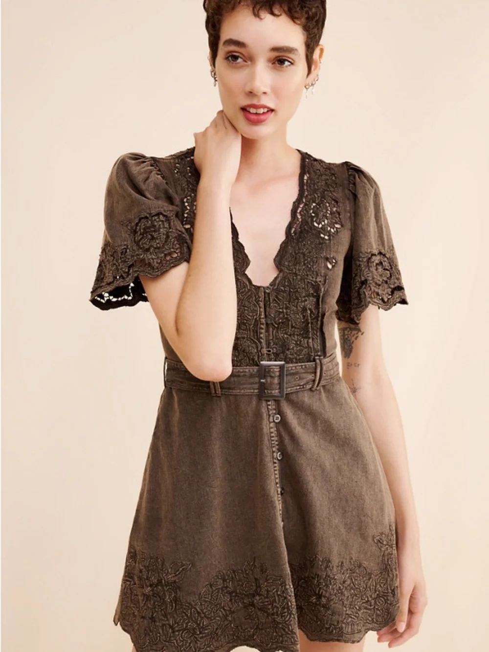 Free People Brown Lace-Trim Mini Dress